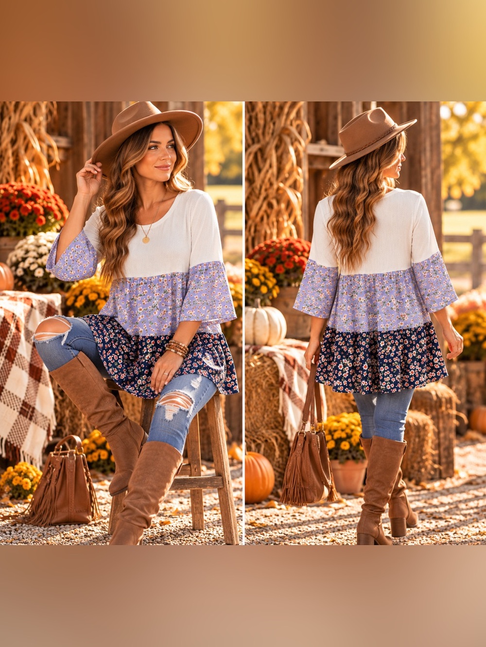 Casual Colorblock Floral Tiered Tunic Top — Cream, Lavender & Navy